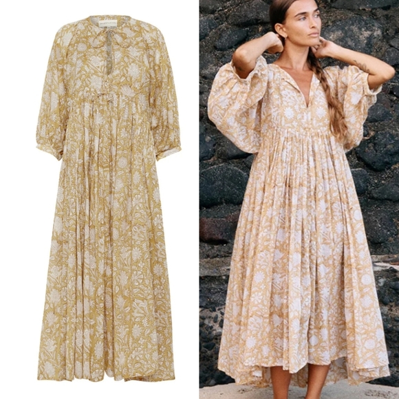 Daughters of India Kyra Cotton Prairie Boho Preppy Midi Dress Cumin Floral XL - Picture 1 of 13